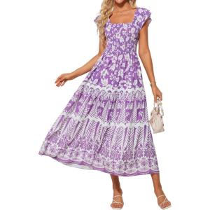 imageGRACE KARIN Womens Summer Sleeveless Foral Dress Boho Square Neck Casual Flowy Cap Sleeve Maxi Beach Dress with PocketLilac Flower