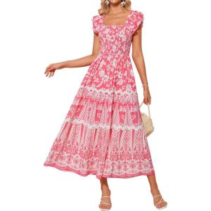 imageGRACE KARIN Womens Summer Sleeveless Foral Dress Boho Square Neck Casual Flowy Cap Sleeve Maxi Beach Dress with PocketPink Flower
