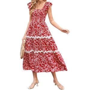 imageGRACE KARIN Womens Summer Sleeveless Foral Dress Boho Square Neck Casual Flowy Cap Sleeve Maxi Beach Dress with PocketRed and White Florals