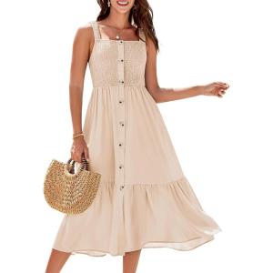 imageGRACE KARIN Womens Summer Sleeveless Square Neck Smocked Button Midi Dresses Casual Elastic Strap A Line Beach Dress PocketsBeige