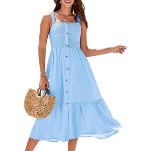 imageGRACE KARIN Womens Summer Sleeveless Square Neck Smocked Button Midi Dresses Casual Elastic Strap A Line Beach Dress PocketsBlue