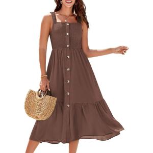 imageGRACE KARIN Womens Summer Sleeveless Square Neck Smocked Button Midi Dresses Casual Elastic Strap A Line Beach Dress PocketsBrown