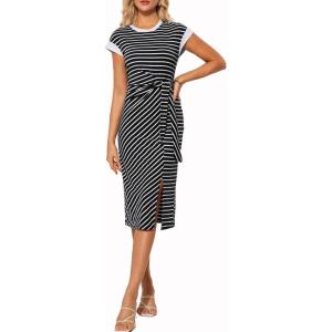 imageGRACE KARIN Womens Summer Striped Dress Cap Sleeve Round Neck Tie Waist Side Split Bodycon Pencil Midi DressesBlack With White Stripes