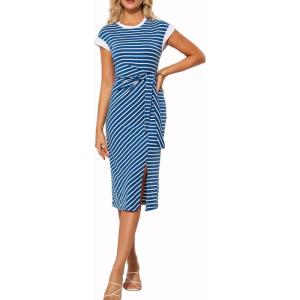 imageGRACE KARIN Womens Summer Striped Dress Cap Sleeve Round Neck Tie Waist Side Split Bodycon Pencil Midi DressesBlue and White Stripes