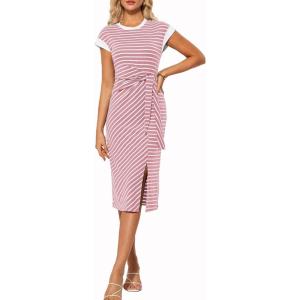 imageGRACE KARIN Womens Summer Striped Dress Cap Sleeve Round Neck Tie Waist Side Split Bodycon Pencil Midi DressesPink and White Stripes