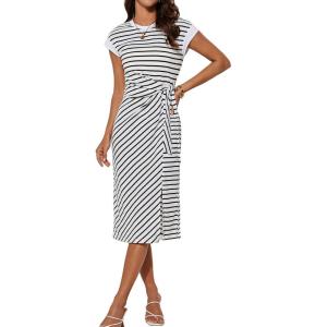 imageGRACE KARIN Womens Summer Striped Dress Cap Sleeve Round Neck Tie Waist Side Split Bodycon Pencil Midi DressesWhite With Black Stripes
