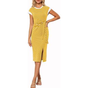 imageGRACE KARIN Womens Summer Striped Dress Cap Sleeve Round Neck Tie Waist Side Split Bodycon Pencil Midi DressesYellow and White Stripes