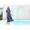 imageGRACE KARIN Summer Womens Maxi Dress Flowy VNeck Short Sleeve Bohemian Beach Sundress Casual Tiered Long Dresses for WomenGray Blue