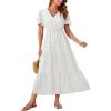 imageGRACE KARIN Summer Womens Maxi Dress Flowy VNeck Short Sleeve Bohemian Beach Sundress Casual Tiered Long Dresses for WomenWhite