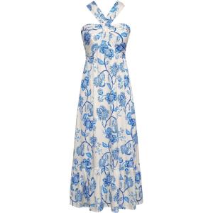 imageGRACE KARIN 2025 Womens Criss Cross Halterneck Sleeveless Summer Floral Print Flowy A Line Maxi DressBeige Blue