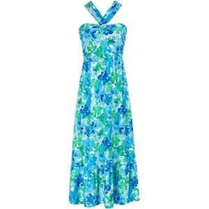 imageGRACE KARIN 2025 Womens Criss Cross Halterneck Sleeveless Summer Floral Print Flowy A Line Maxi DressBlue Green