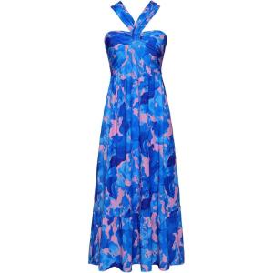 imageGRACE KARIN 2025 Womens Criss Cross Halterneck Sleeveless Summer Floral Print Flowy A Line Maxi DressBlue Rush