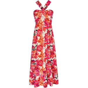 imageGRACE KARIN 2025 Womens Criss Cross Halterneck Sleeveless Summer Floral Print Flowy A Line Maxi DressRose Orange