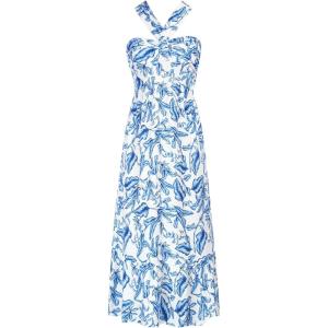 imageGRACE KARIN 2025 Womens Criss Cross Halterneck Sleeveless Summer Floral Print Flowy A Line Maxi DressWhite Blue