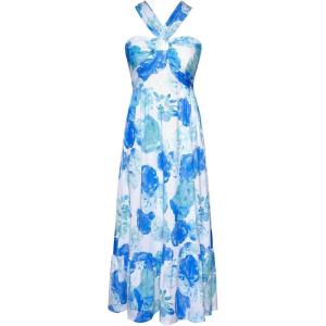 imageGRACE KARIN 2025 Womens Criss Cross Halterneck Sleeveless Summer Floral Print Flowy A Line Maxi DressWhite Blue Flowers