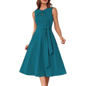 imageGRACE KARIN Women 2025 Work Dress Sleeveless Tie Waist Elegant Party Cocktail A Line Flowy Midi Dress with PocketsTeal