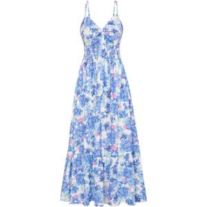 imageGRACE KARIN Womens 2025 Summer Beach Dress Floral V Neck Tie Front Spaghetti Strap Flowy Long Dress Boho Maxi DressBlue Floral