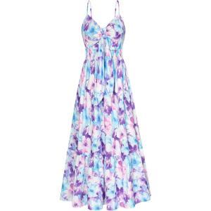 imageGRACE KARIN Womens 2025 Summer Beach Dress Floral V Neck Tie Front Spaghetti Strap Flowy Long Dress Boho Maxi DressBlue Purple Floral