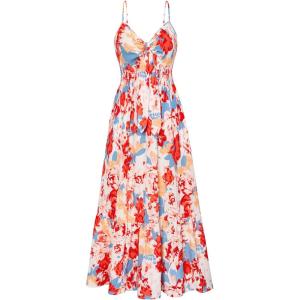 imageGRACE KARIN Womens 2025 Summer Beach Dress Floral V Neck Tie Front Spaghetti Strap Flowy Long Dress Boho Maxi DressBlue Red Floral