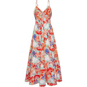 imageGRACE KARIN Womens 2025 Summer Beach Dress Floral V Neck Tie Front Spaghetti Strap Flowy Long Dress Boho Maxi DressGreen Red Leaves