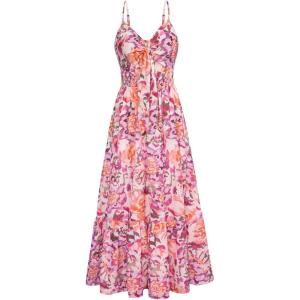 imageGRACE KARIN Womens 2025 Summer Beach Dress Floral V Neck Tie Front Spaghetti Strap Flowy Long Dress Boho Maxi DressPink Purple Floral