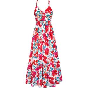 imageGRACE KARIN Womens 2025 Summer Beach Dress Floral V Neck Tie Front Spaghetti Strap Flowy Long Dress Boho Maxi DressRed Blue Floral
