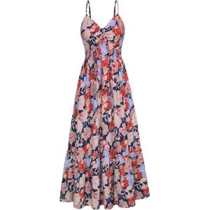 imageGRACE KARIN Womens 2025 Summer Beach Dress Floral V Neck Tie Front Spaghetti Strap Flowy Long Dress Boho Maxi DressRed Yellow Floral