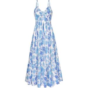 imageGRACE KARIN Womens 2025 Summer Beach Dress Floral V Neck Tie Front Spaghetti Strap Flowy Long Dress Boho Maxi DressWhite Blue Floral