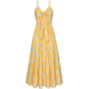 imageGRACE KARIN Womens 2025 Summer Beach Dress Floral V Neck Tie Front Spaghetti Strap Flowy Long Dress Boho Maxi DressYellow White Floral