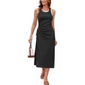 imageGRACE KARIN Womens Summer Casual Midi Bodycon Dress 2025 Crew Neck Drawsting Side Slit Beach Vacation Sleeveless Long DressBlack