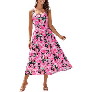 imageGRACE KARIN Womens Summer Floral Midi Dress 2025 Sleeveless Square Neck Boho Beach Casual Dresses with PocketsBlack Rose Red Flower