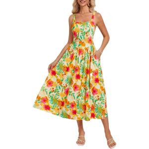 imageGRACE KARIN Womens Summer Floral Midi Dress 2025 Sleeveless Square Neck Boho Beach Casual Dresses with PocketsYellow Fruit Flower