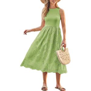 imageGRACE KARIN Womens Summer Sleeveless Tank Dress A Line Midi Dress Eyelet Crewneck Casual Holiday Dress with PocketsAvocado Green