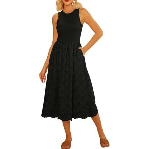 imageGRACE KARIN Womens Summer Sleeveless Tank Dress A Line Midi Dress Eyelet Crewneck Casual Holiday Dress with PocketsBlack