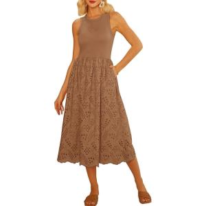 imageGRACE KARIN Womens Summer Sleeveless Tank Dress A Line Midi Dress Eyelet Crewneck Casual Holiday Dress with PocketsBrown