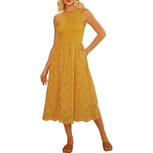 imageGRACE KARIN Womens Summer Sleeveless Tank Dress A Line Midi Dress Eyelet Crewneck Casual Holiday Dress with PocketsGinger Yellow