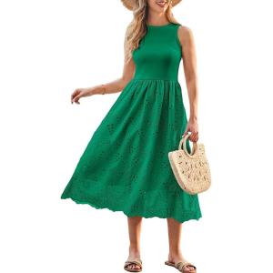 imageGRACE KARIN Womens Summer Sleeveless Tank Dress A Line Midi Dress Eyelet Crewneck Casual Holiday Dress with PocketsGreen