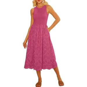 imageGRACE KARIN Womens Summer Sleeveless Tank Dress A Line Midi Dress Eyelet Crewneck Casual Holiday Dress with PocketsRose Red
