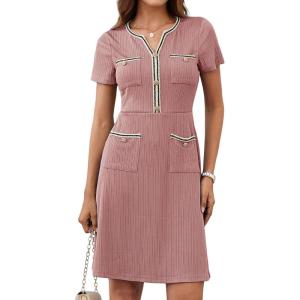 imageGRACE KARIN Women 2025 Summer V Neck Short Sleeve Button Knit Color Block A Line Elegant Formal Work Dresses with PocketPink