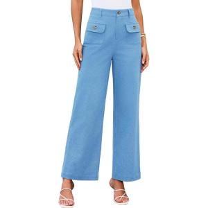 imageGRACE KARIN Women Wide Leg Pants High Waist Stretchy Pants Dressy Business Work Casual Trousers with PocketsLight Blue