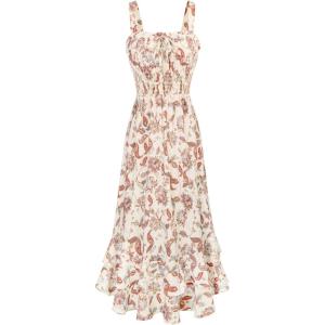 imageGRACE KARIN Womens 2025 Summer Floral Boho Dress Square Neck Strapped Swing A Line Beach Long Maxi Outfits ClothesBeige
