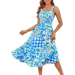 imageGRACE KARIN Womens 2025 Summer Floral Boho Dress Square Neck Strapped Swing A Line Beach Long Maxi Outfits ClothesBlue Green