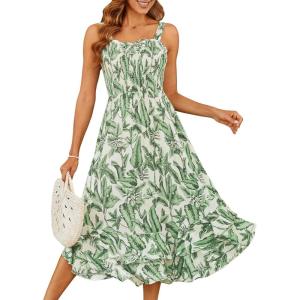 imageGRACE KARIN Womens 2025 Summer Floral Boho Dress Square Neck Strapped Swing A Line Beach Long Maxi Outfits ClothesGreen Leaf