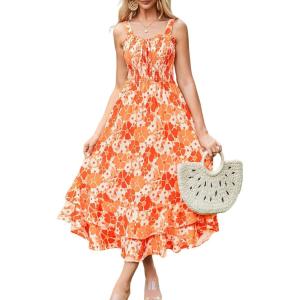 imageGRACE KARIN Womens 2025 Summer Floral Boho Dress Square Neck Strapped Swing A Line Beach Long Maxi Outfits ClothesOrange