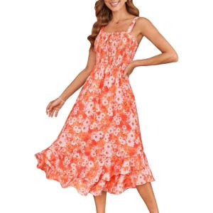 imageGRACE KARIN Womens 2025 Summer Floral Boho Dress Square Neck Strapped Swing A Line Beach Long Maxi Outfits ClothesOrange White