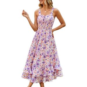 imageGRACE KARIN Womens 2025 Summer Floral Boho Dress Square Neck Strapped Swing A Line Beach Long Maxi Outfits ClothesPurple Yellow
