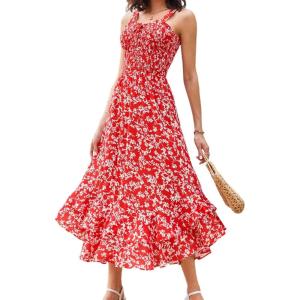 imageGRACE KARIN Womens 2025 Summer Floral Boho Dress Square Neck Strapped Swing A Line Beach Long Maxi Outfits ClothesRed