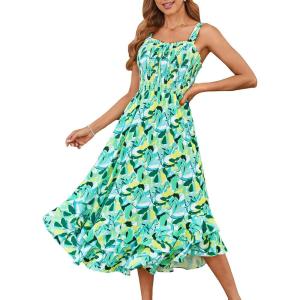 imageGRACE KARIN Womens 2025 Summer Floral Boho Dress Square Neck Strapped Swing A Line Beach Long Maxi Outfits ClothesYellow Green Block