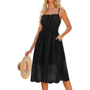 imageGRACE KARIN Womens 2025 Summer Sleeveless Eyelet Dress Casual Knot Front A Line Sundress Elegant Hollow Out Midi OutfitBlack