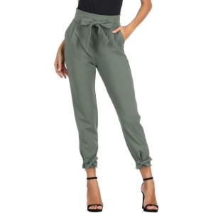 imageGRACE KARIN Womens Casual Pants Solid High Waist Self Tie Belted Pencil TrouserLightgraygreen